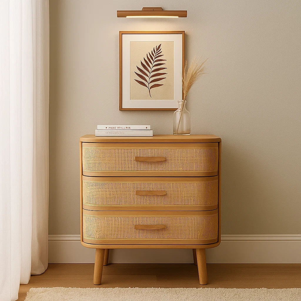 Commode moderne en bois avec trois tiroirs et façades en rotin