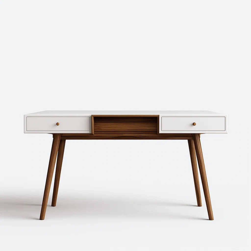 Bureau moderne en bois avec tiroirs blancs et pieds en bois naturel