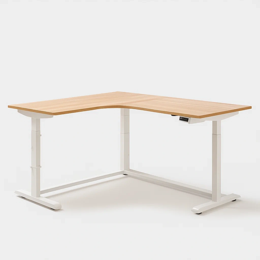 Bureau d’angle réglable en hauteur avec plateau en bois clair et cadre blanc