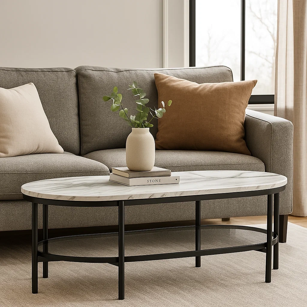 Table basse ovale en marbre blanc avec structure métallique noire