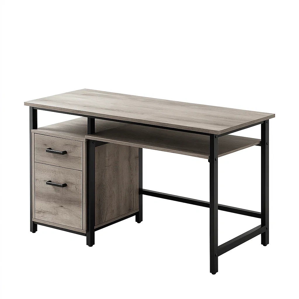 Bureau informatique moderne en bois avec 2 tiroirs et étagère