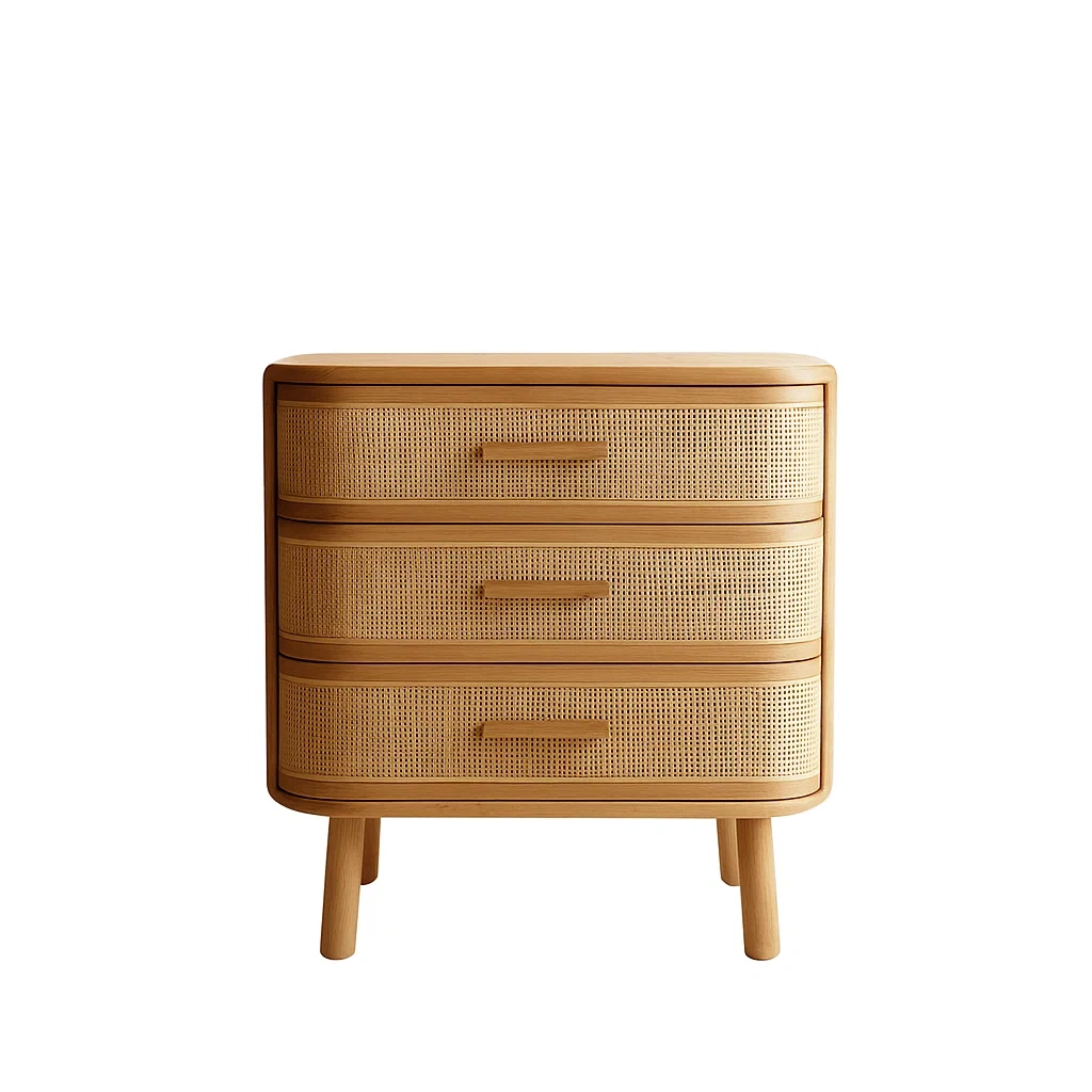 Commode moderne en bois avec trois tiroirs et façades en rotin