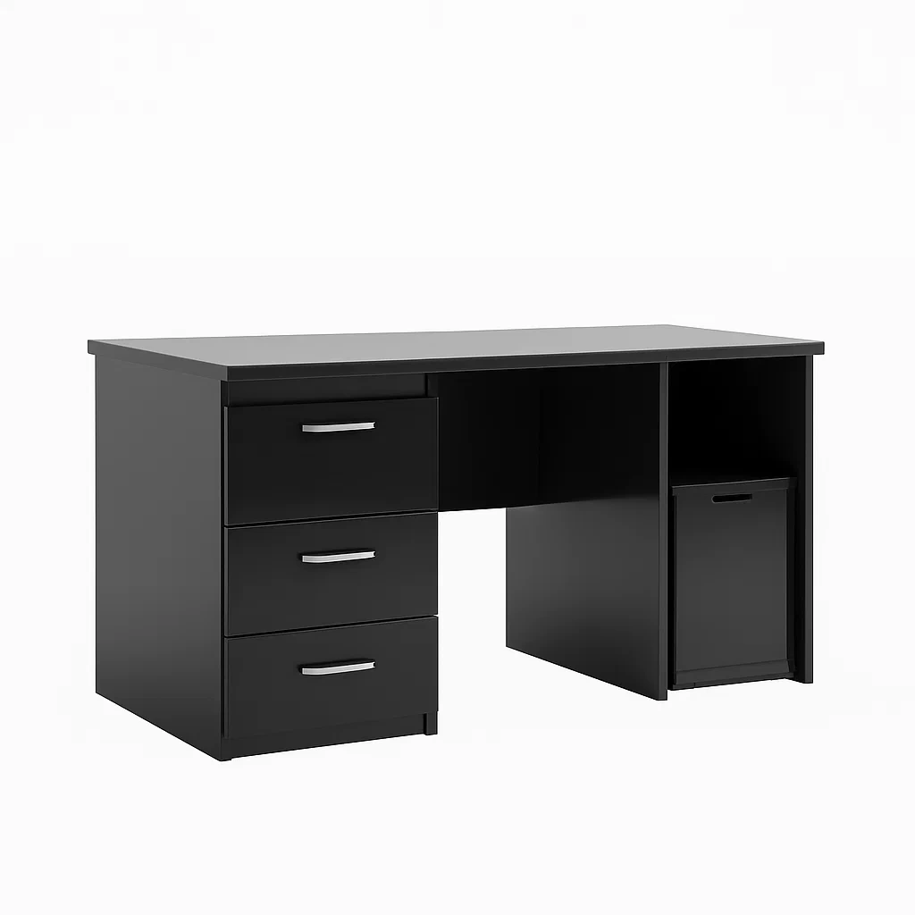 Bureau informatique moderne noir avec trois tiroirs et étagère latérale