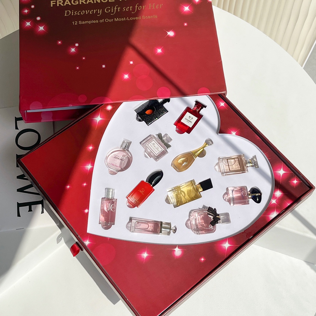 12-piece mini perfume set in heart-shaped gift box packaging