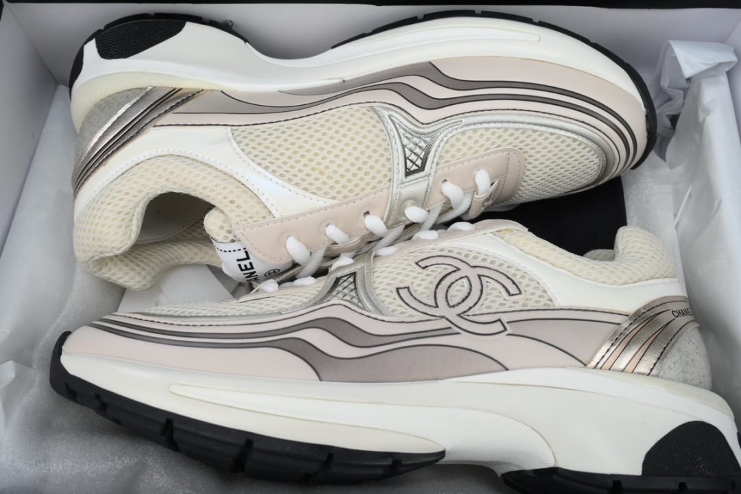 Chanel Fabric Laminated Low Top Sneakers Rose Gold