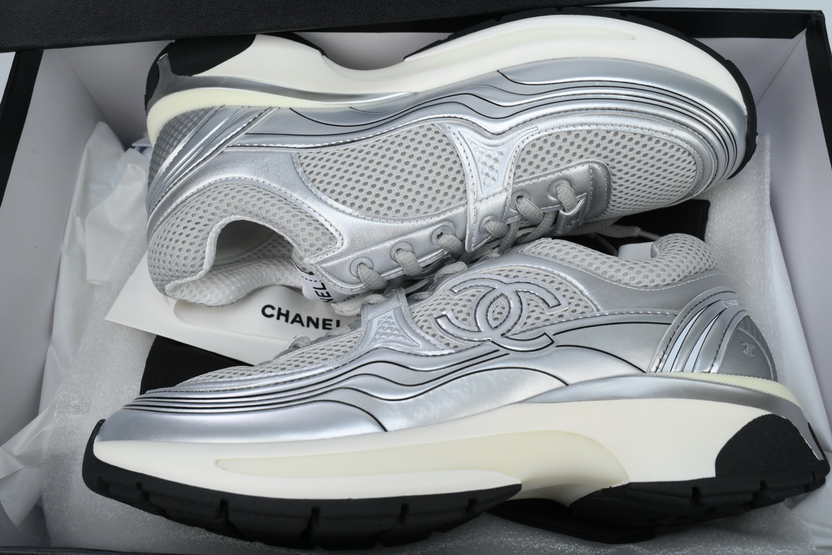 Chanel Fabric Laminated Low Top Sneakers Silver