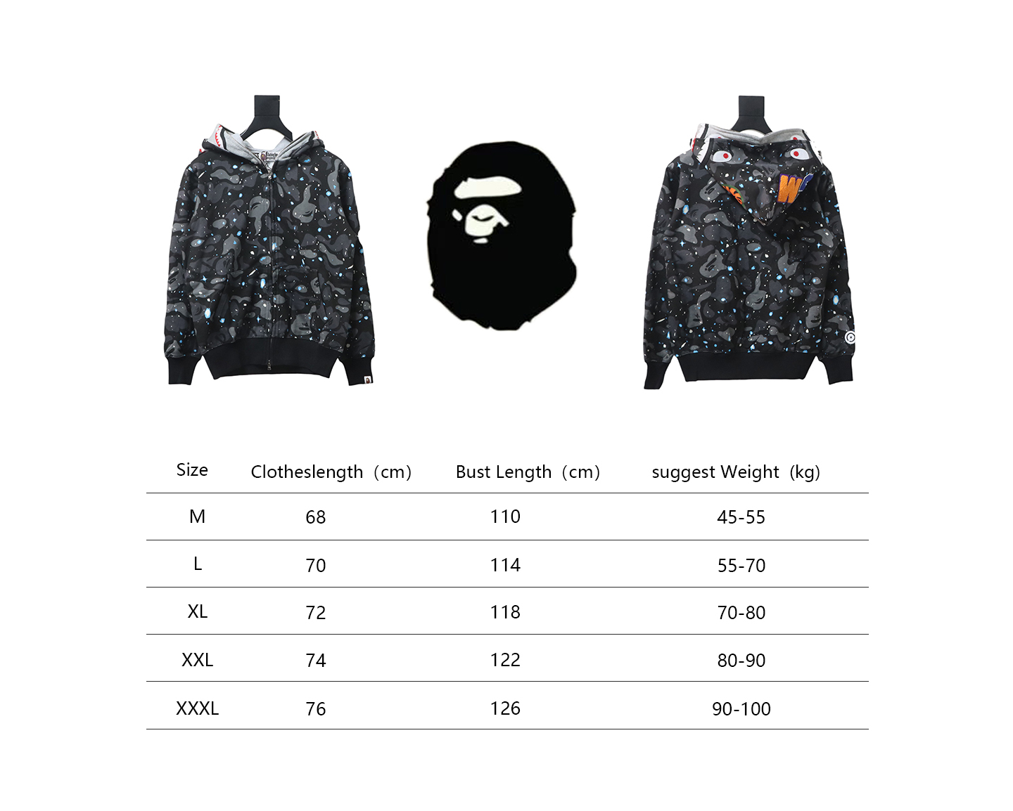 BAPE Space Camo Shark WGM Full-Zip Hoodie Black Glowing