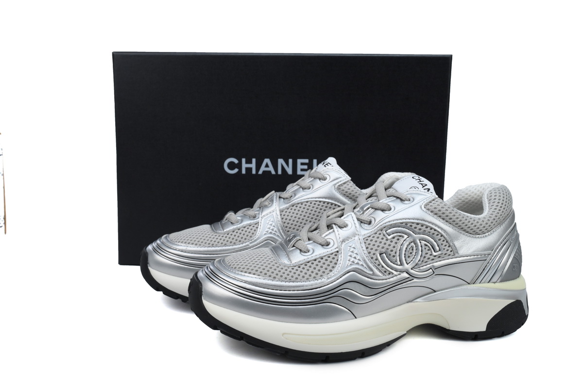 Chanel Fabric Laminated Low Top Sneakers Silver