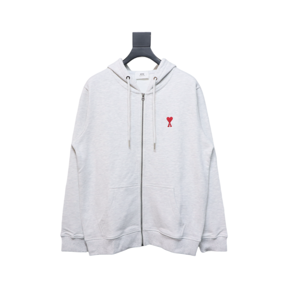 AMI Paris Ami de Coeur Cotton Zip Hoodie Grey