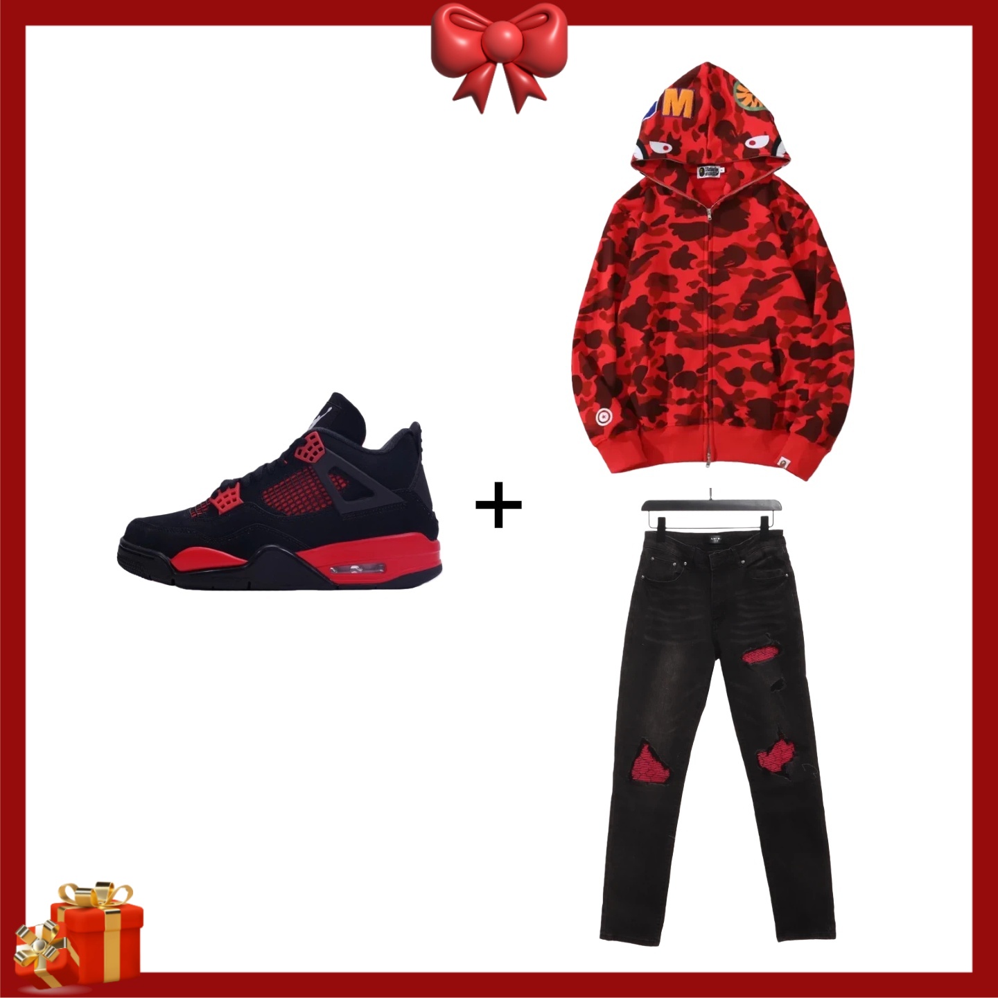 BAPE Color Camo Shark Zip Hoodie Red X Amiri Black Red Jeans X Air Jordan 4 Red Thunder