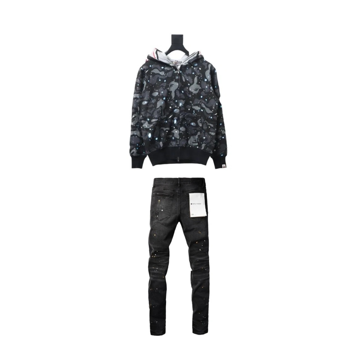 BAPE Space Camo Shark WGM Full-Zip Hoodie Black Glowing X Purple Jeans Black 015 - ogsneaker