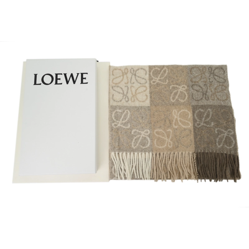 Loewe Checkerboard Jacquard Fringed Cashmere Scarf Brown - ogsneaker