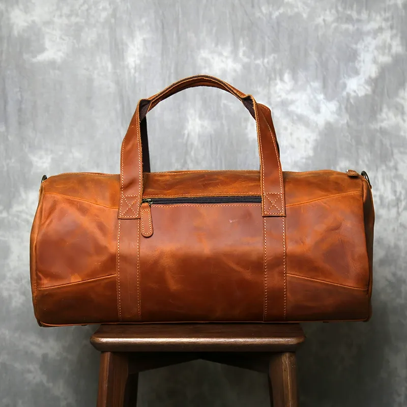 Vintage Tan Full-Grain Leather Barrel Duffle Bag