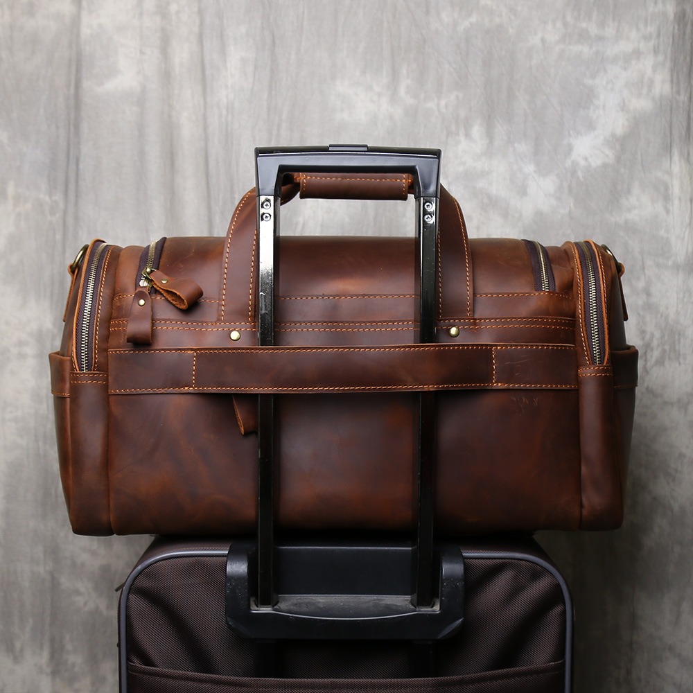 Vintage Tan Full-Grain Leather Rolling Duffle Bag