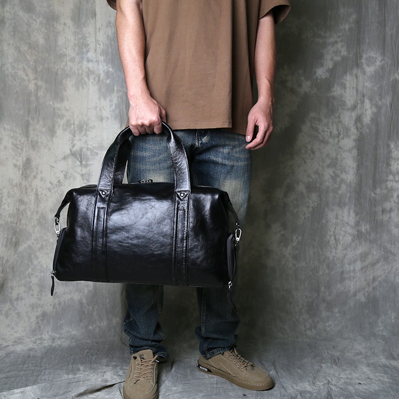 Black High-Gloss Full-Grain Leather Duffle Bag