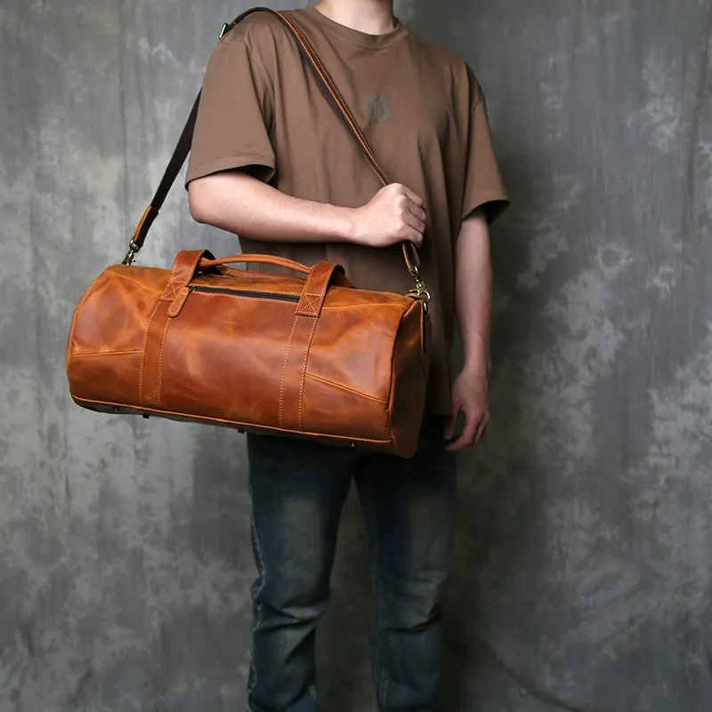 Vintage Tan Full-Grain Leather Barrel Duffle Bag