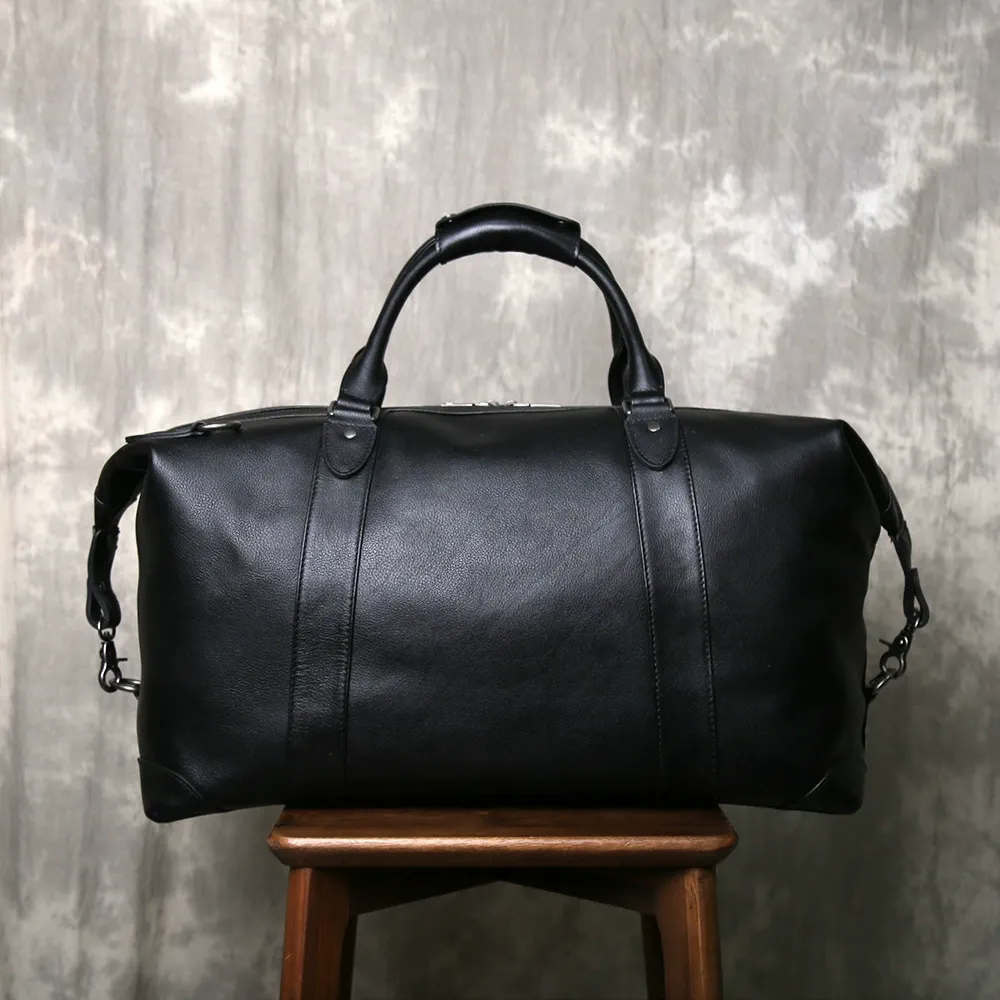 All-Black Full-Grain Leather Duffle Bag