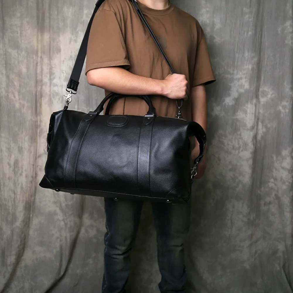 All-Black Full-Grain Leather Duffle Bag