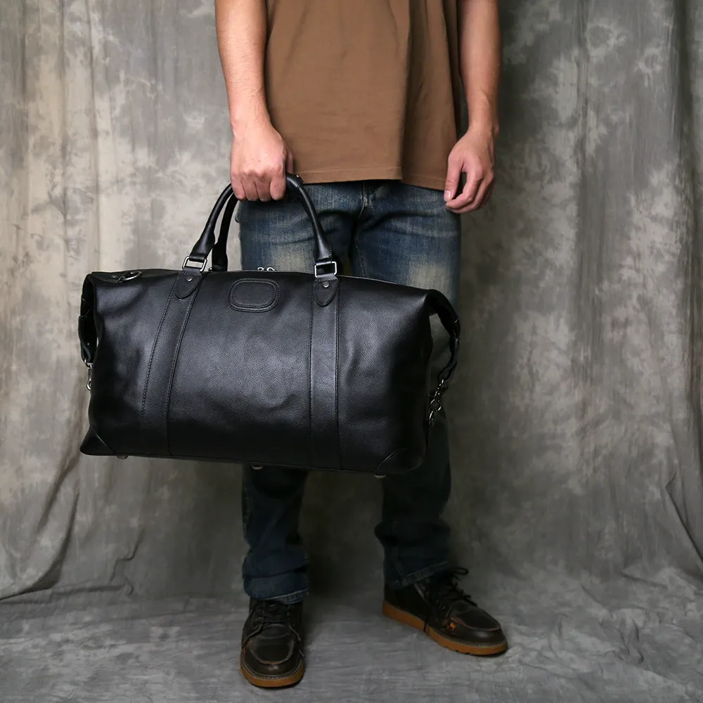 All-Black Full-Grain Leather Duffle Bag