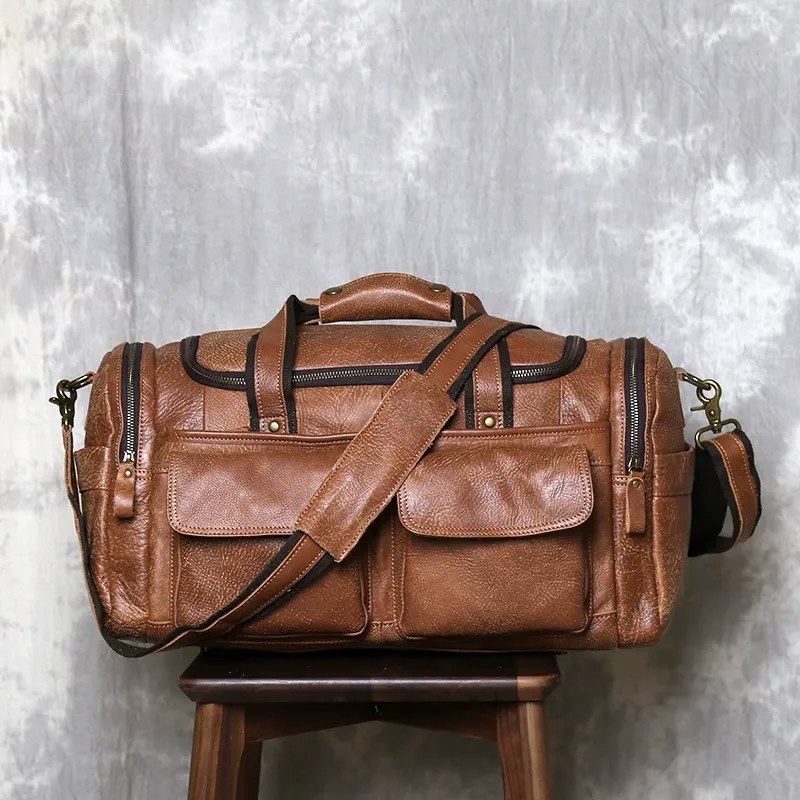 Vintage Distressed Leather Duffle Bag