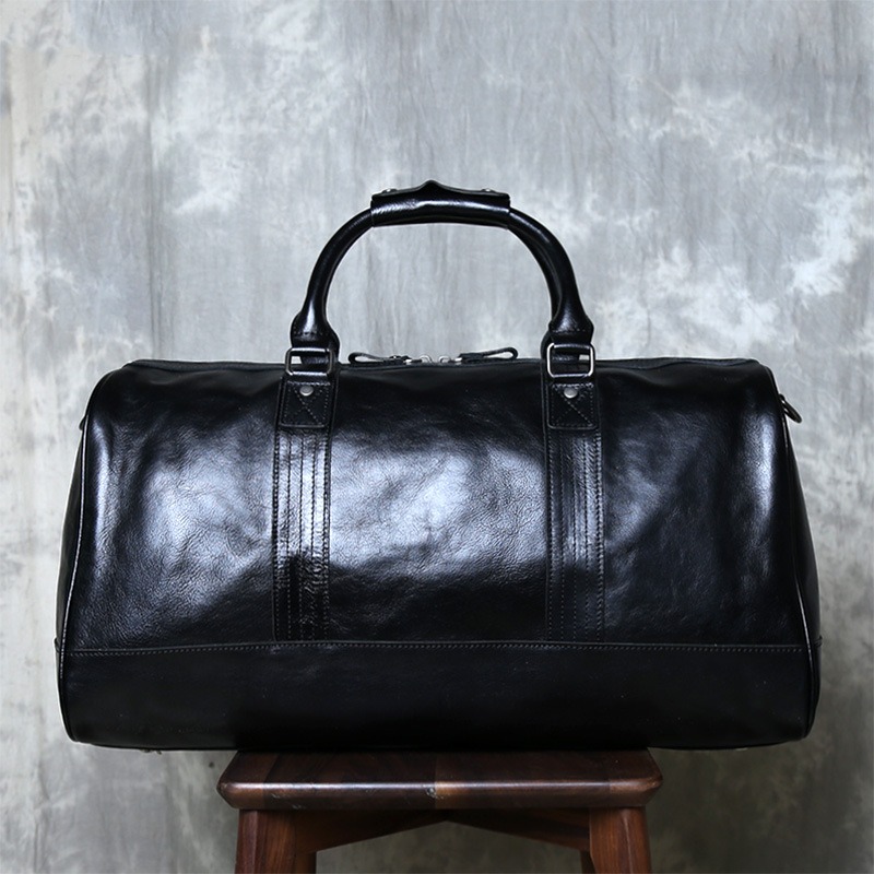 LUXE Black Full-Grain Leather Duffle Bag