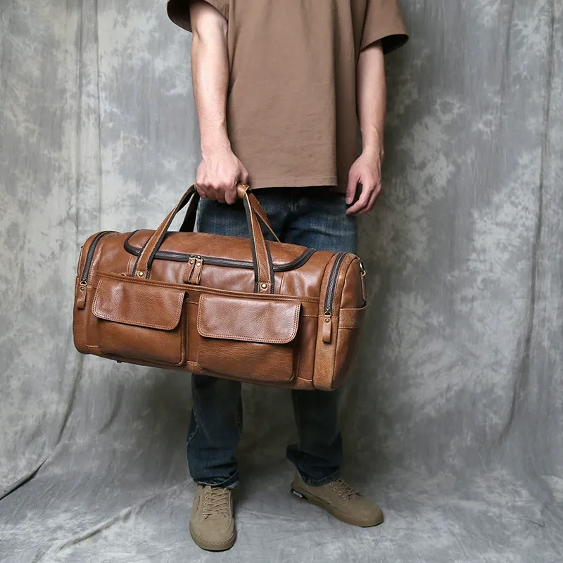Vintage Tan Full-Grain Leather Duffle Bag