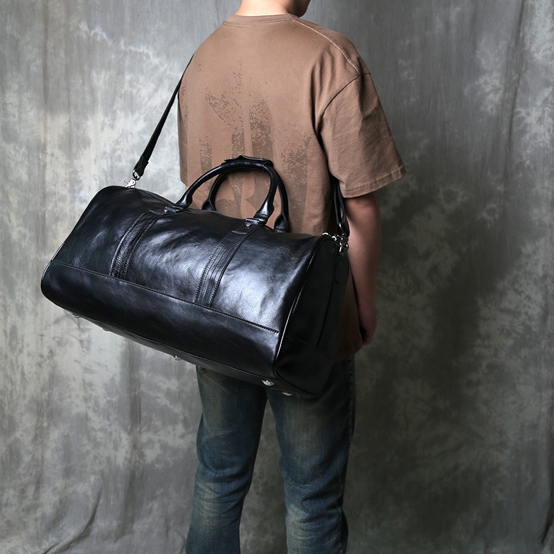 LUXE Black Full-Grain Leather Duffle Bag