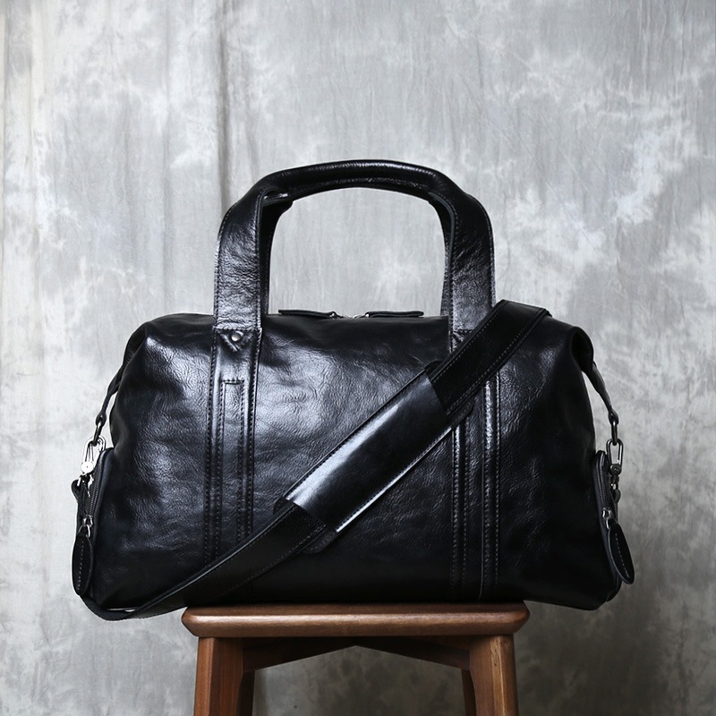 Black High-Gloss Full-Grain Leather Duffle Bag