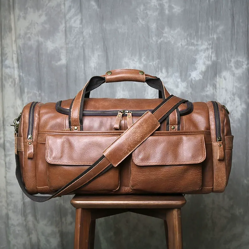 Vintage Tan Full-Grain Leather Duffle Bag