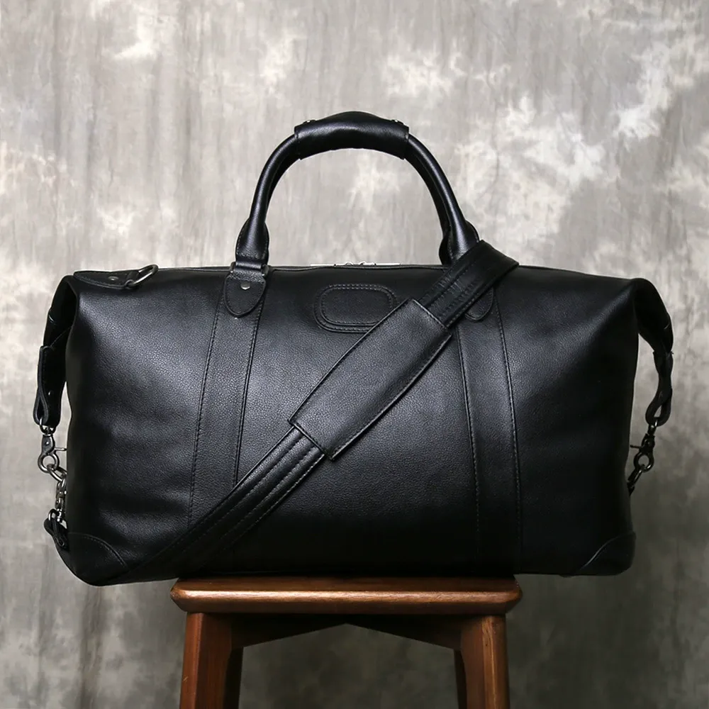 All-Black Full-Grain Leather Duffle Bag