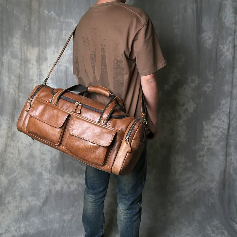 Vintage Tan Full-Grain Leather Duffle Bag
