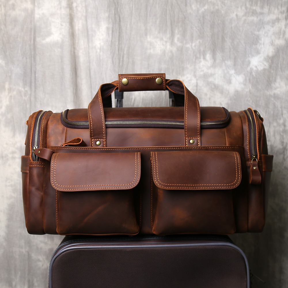 Vintage Tan Full-Grain Leather Rolling Duffle Bag
