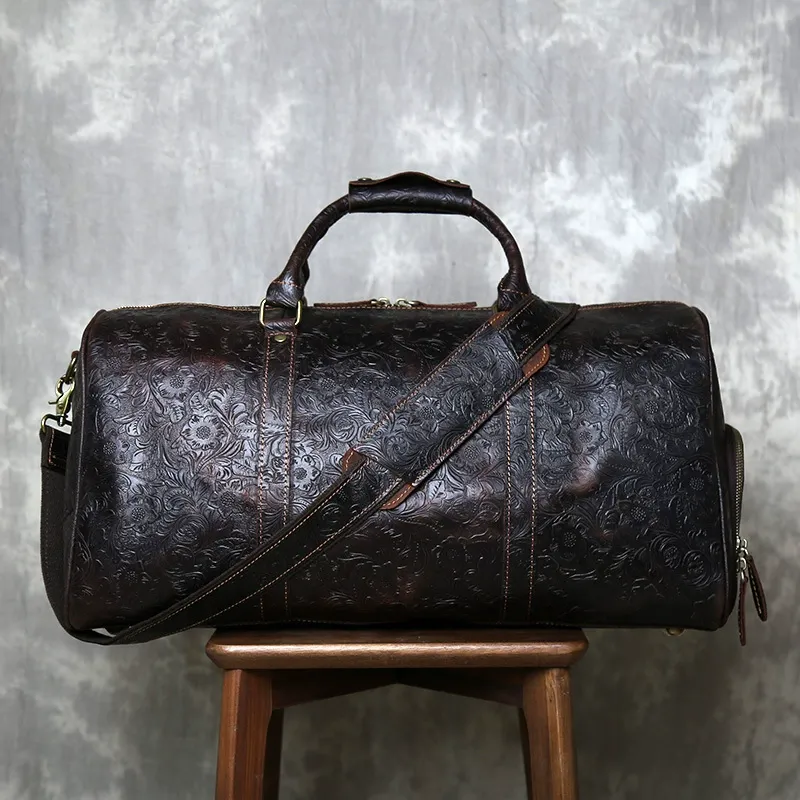 Retro Embossed Full-Grain Leather Duffle Bag
