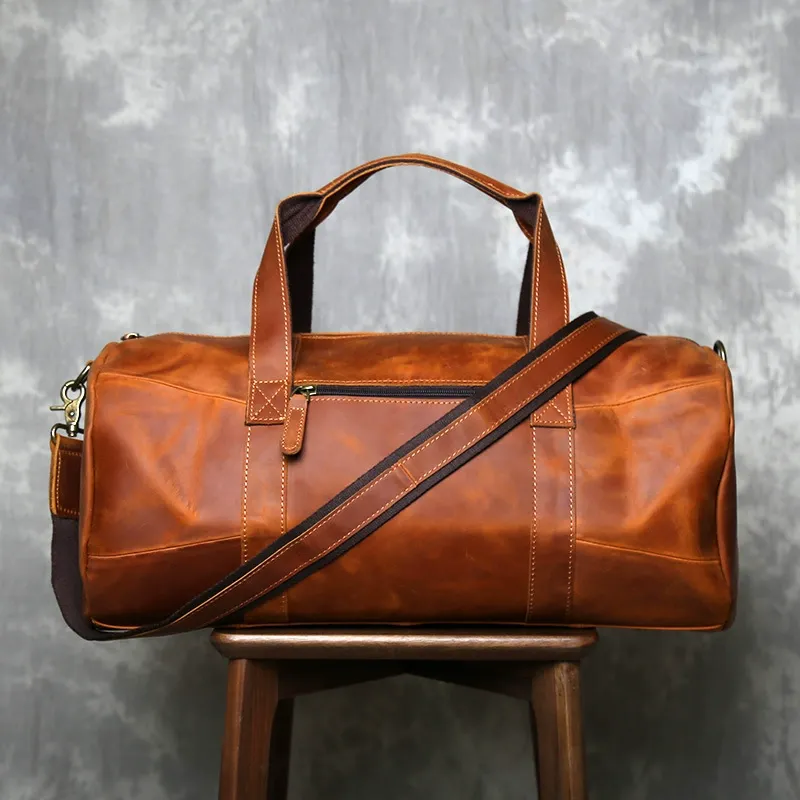 Vintage Tan Full-Grain Leather Barrel Duffle Bag