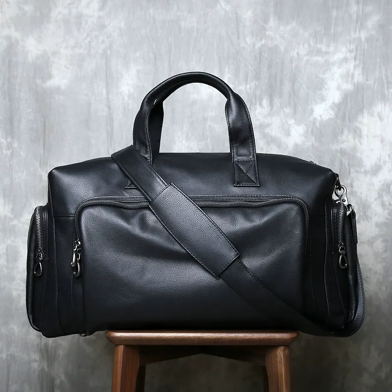 VANCROUG Full-Grain Leather Duffle Bag Sleek Black Travel Bag