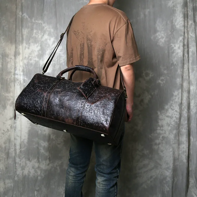 Retro Embossed Full-Grain Leather Duffle Bag