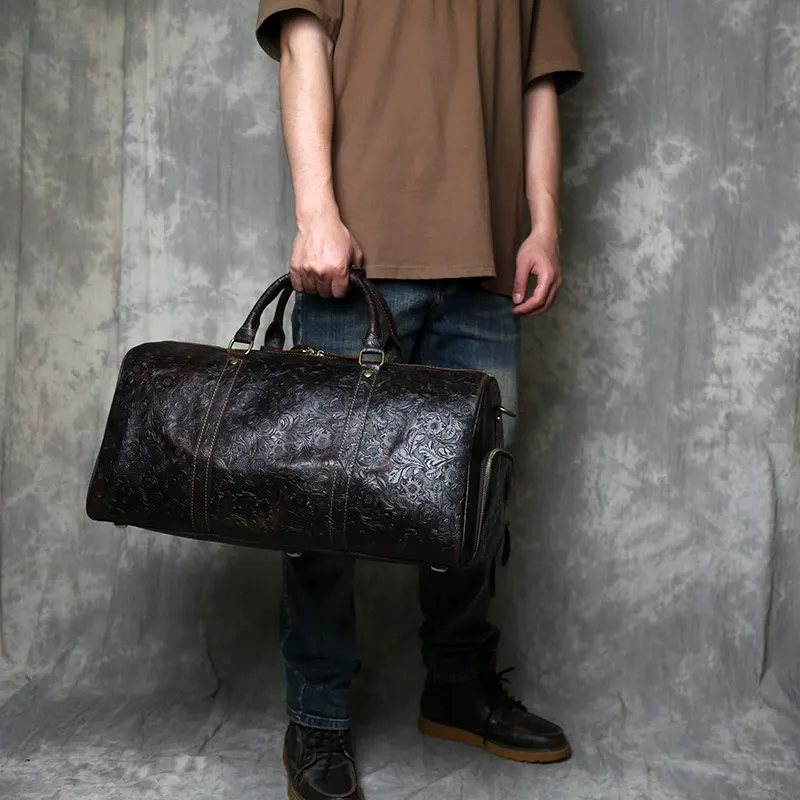 Retro Embossed Full-Grain Leather Duffle Bag