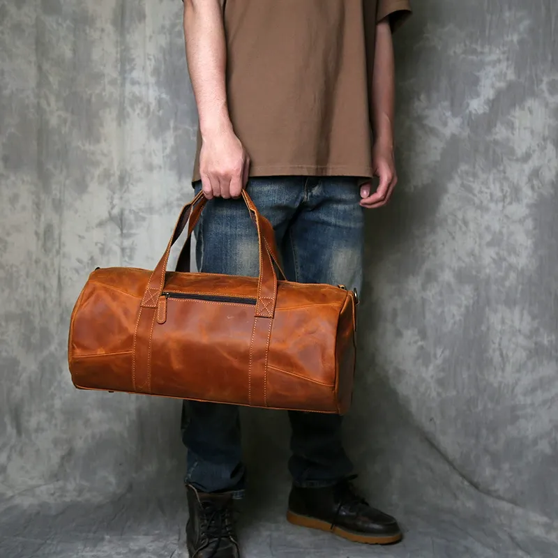 Vintage Tan Full-Grain Leather Barrel Duffle Bag
