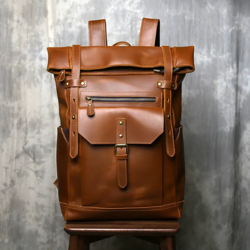 Retro Roll-Top Crazy Horse Leather Backpack