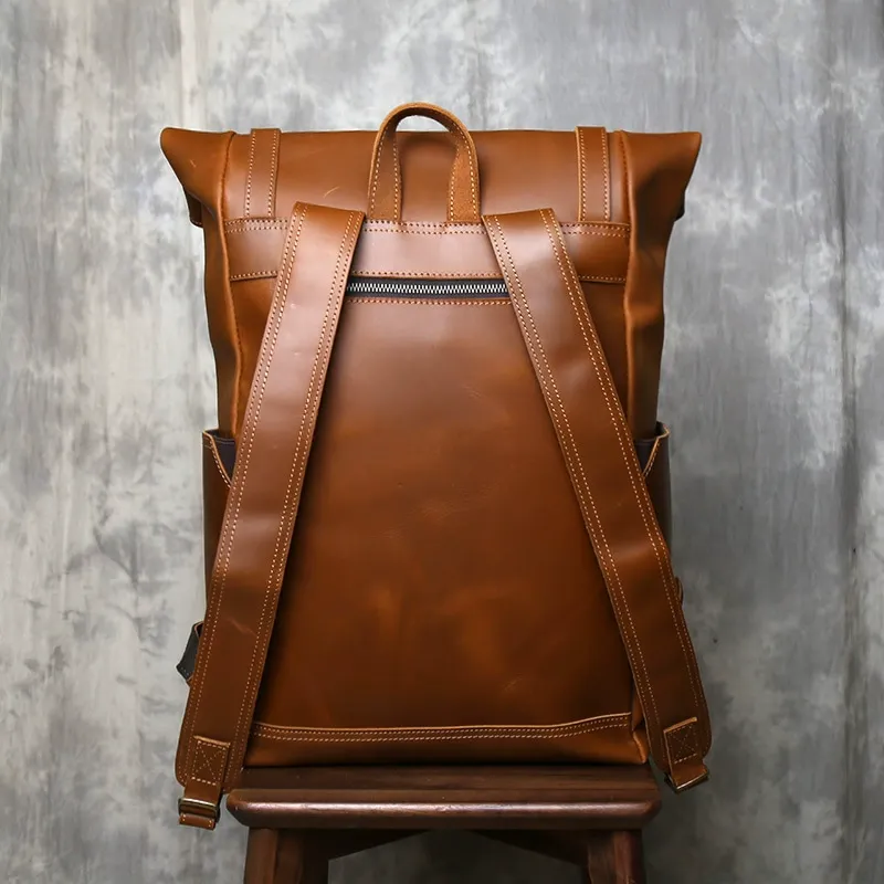 Retro Roll-Top Crazy Horse Leather Backpack