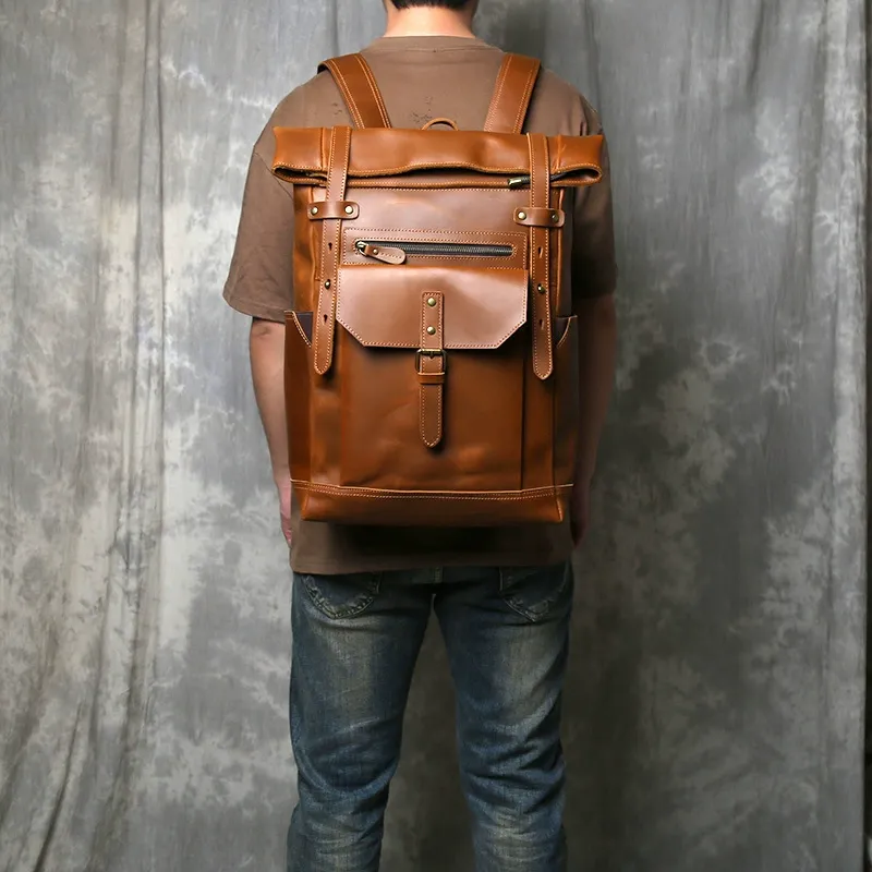 Retro Roll-Top Crazy Horse Leather Backpack