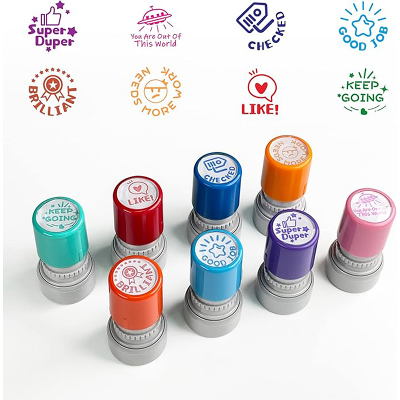 Round Teacher Stamps for Grading Classroom,Set of 8 Color Rubber Teacher Self-Inking Stamp Set for Homework Teacher Supplies