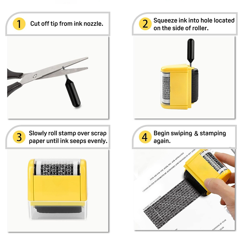 Miseyo Wide Identity Theft Protection Roller Stamp Set -Yellow (3 Refill Ink Included