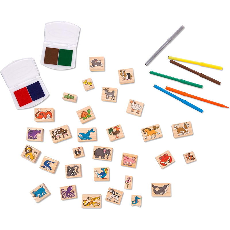 Melissa & Doug Deluxe Wooden Stamp Set:Animals - 30 Stamps, 6 Markers, 2 Stamp Pads