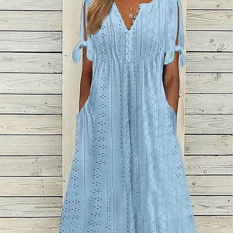 💃Women's Elegant V-Neck Hollow-Out Solid Dress