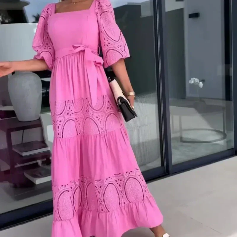 💖Women’s Trendy Patchwork Tie Waist Square Neck Long Dress