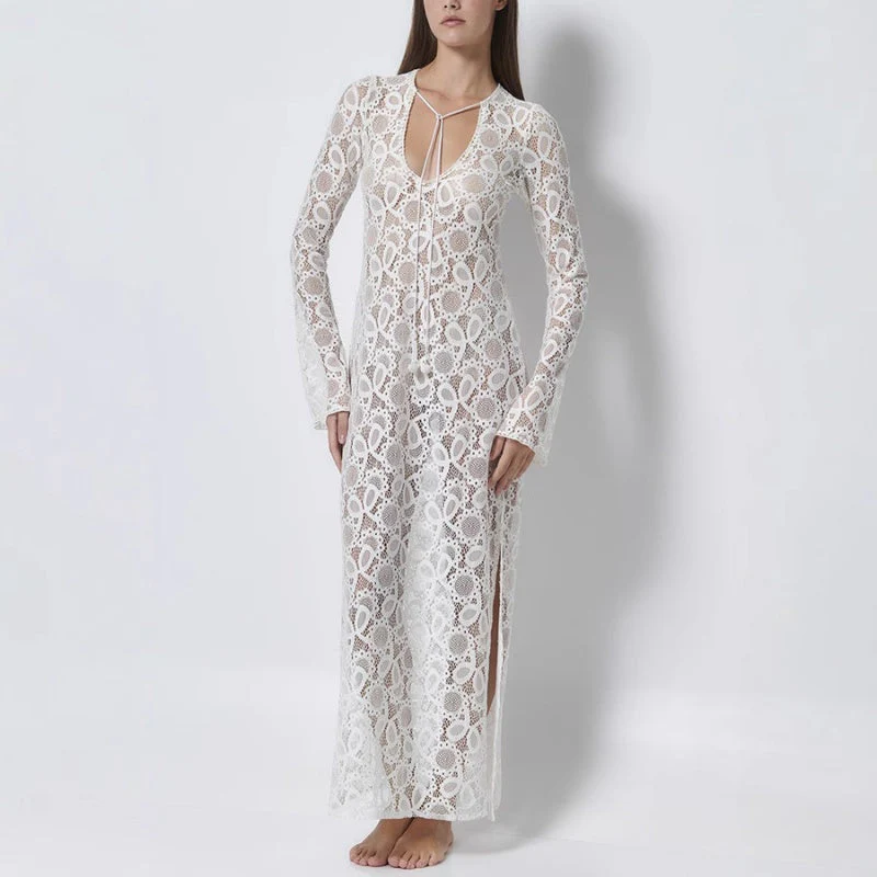 💐💐💐Elegant U-Neck Floral Lace Sheer Midi Dress