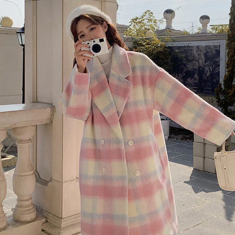 🎁Warm Winter Gift💃Women's Plaid Synthetic Wool Loose Fit Long Coat