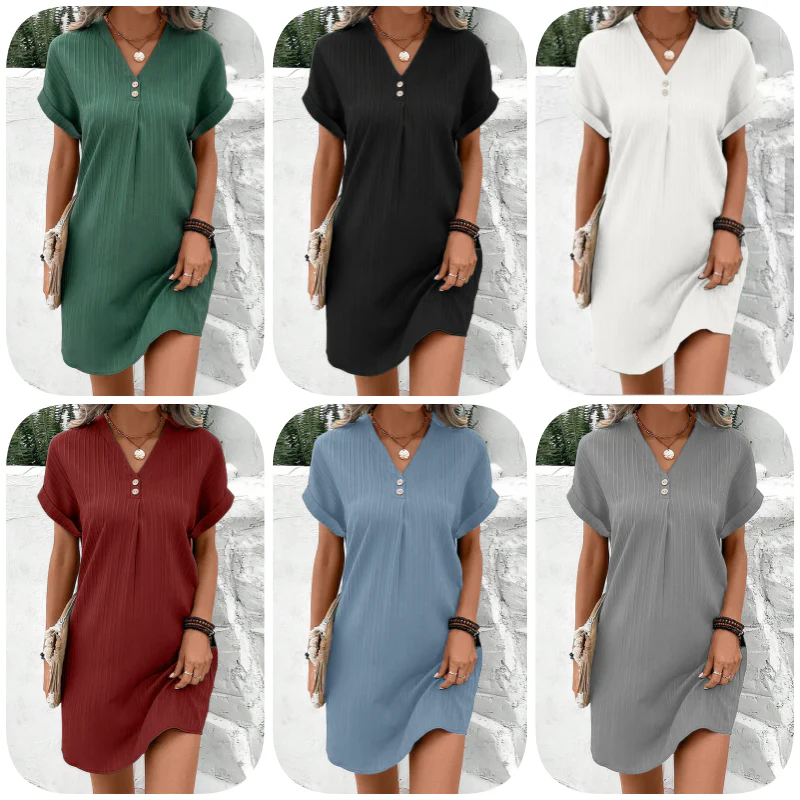 🌷Summer Hot Sale 🍃Simple Solid Color V-Neck Short Sleeve Dress for Women