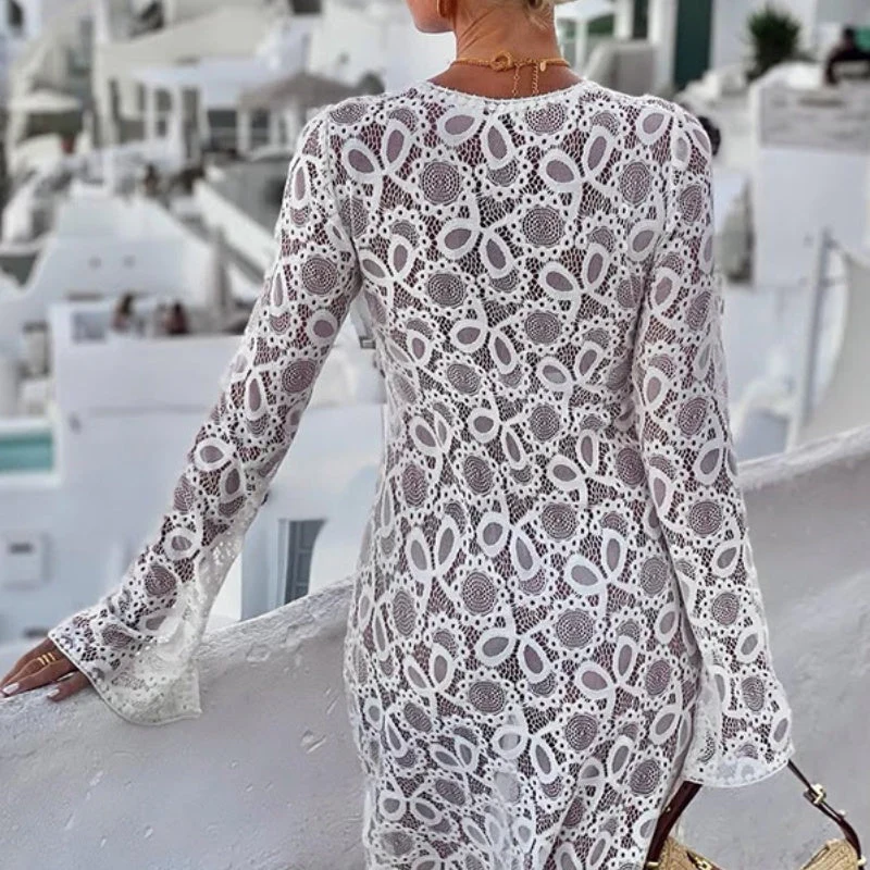 💐💐💐Elegant U-Neck Floral Lace Sheer Midi Dress